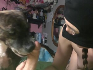 Doggy helps her petite owner suck a dick