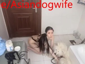 Gorgeous asian beauty sucking her dog