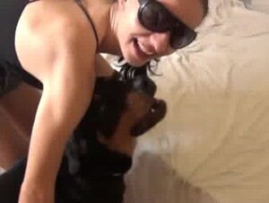 Skinny brunette and her dog