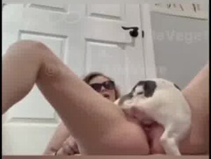 Horny girl use small dog as a dildo