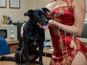 Fit beauty kissing with drooling active dog at the office