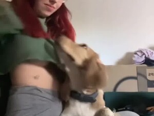 A girl plays with a dog 4