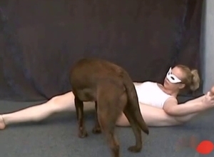 Thick blonde licked by her brown dog